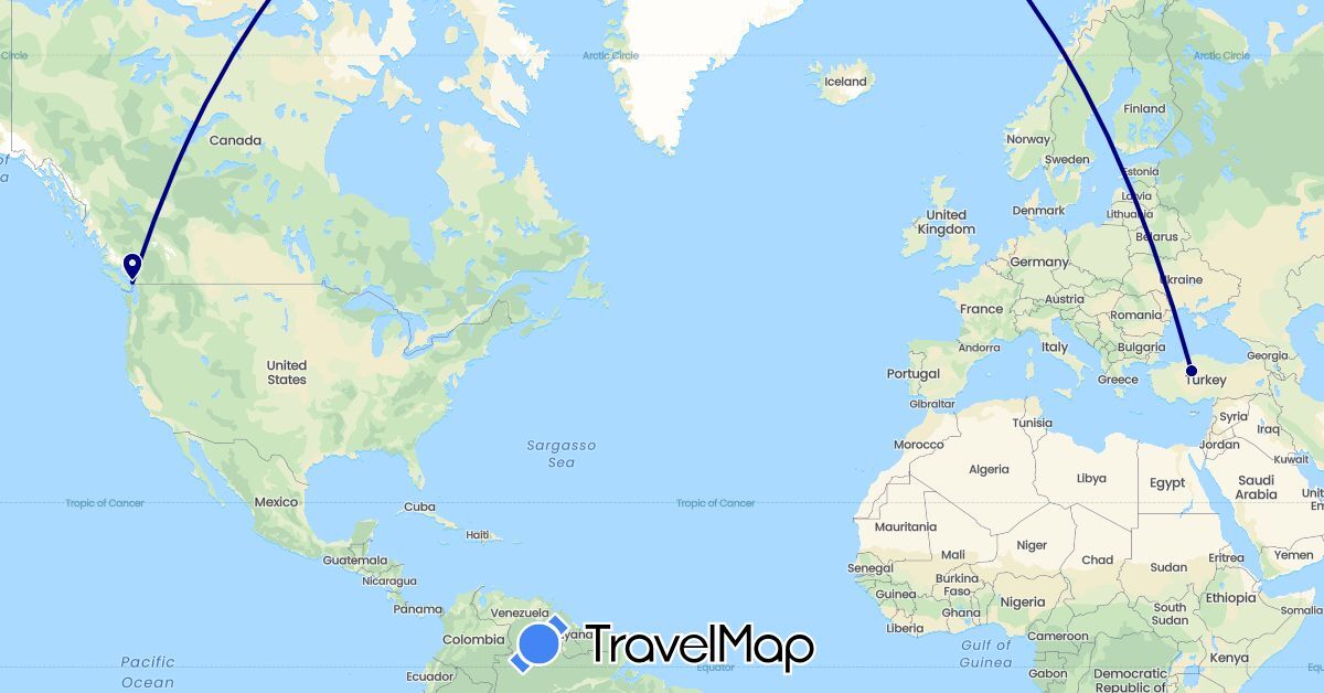 TravelMap itinerary: driving in Canada, Turkey (Asia, North America)